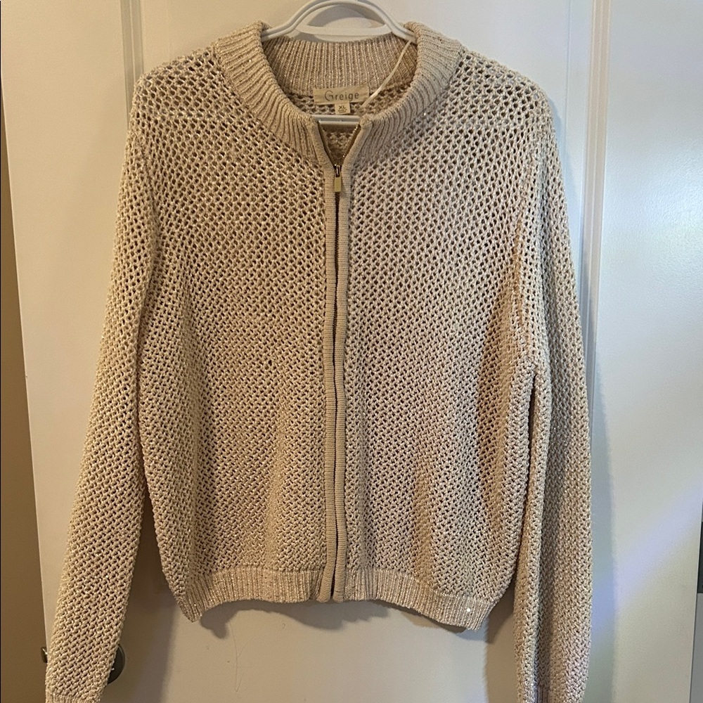 Cream Sweater with gold zipper and tiny sequins throughout